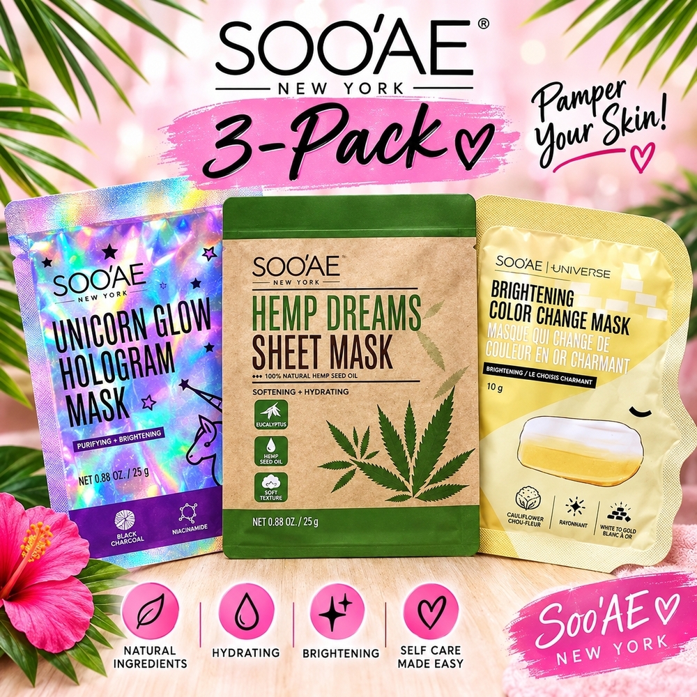 SOOAE Mask 3pc Set: Unicorn Glow Hologram + Hemp Dreams + Charming Gold Skincare